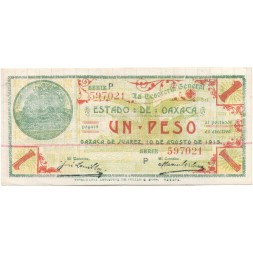 Мексика 1 песо 1915 год - Генеральный казначей штата Оахаса - серия Р - бумага с вертикальными линиями - XF+