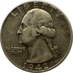 США 25 центов (1/4 доллара) 1942 год - Джордж Вашингтон (без отметки МД)
