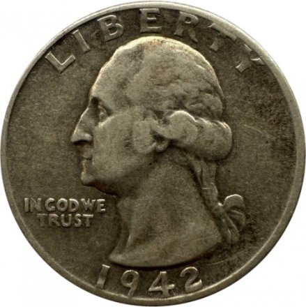 США 25 центов (1/4 доллара) 1942 год - Джордж Вашингтон (без отметки МД)