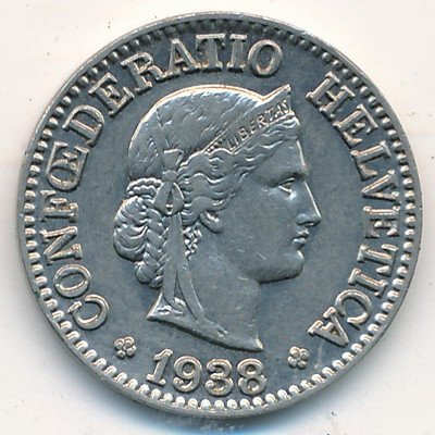 Швейцария 10 раппенов 1938 год