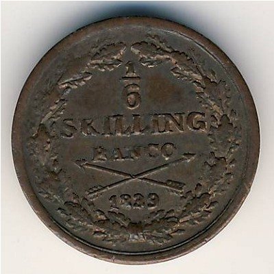 Швеция 1/6 скиллинга 1839 год