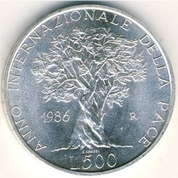 Италия 500 лир 1986 год - Международный год мира (BU)
