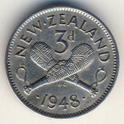 Новая Зеландия 3 пенса 1948 год - Король Георг VI. Пату (оружие)