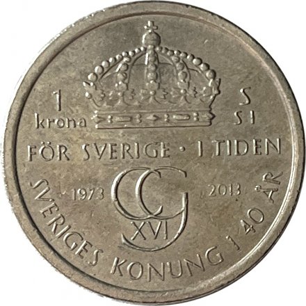 Швеция 1 крона 2013 год - 40 лет правления Короля Карла XVI Густава