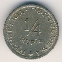 Монета Португальская Индия 1/4 рупии 1952 год