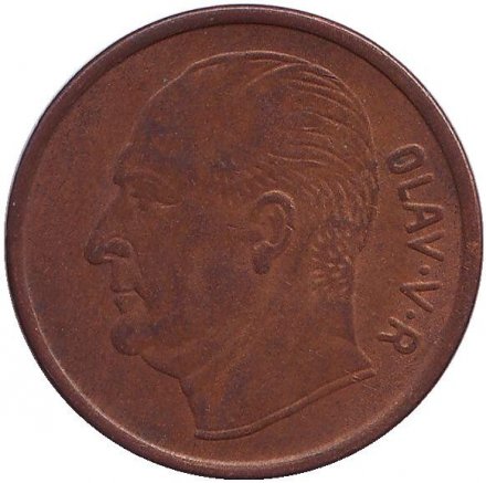 Норвегия 5 эре 1967 год - Король Улаф V. Лось