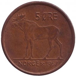 Норвегия 5 эре 1967 год - Король Улаф V. Лось