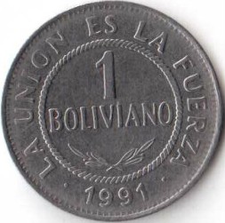Монета Боливия 1 боливиано 1991 год