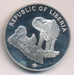 Монета Либерия 5 долларов 1973 год - Слон