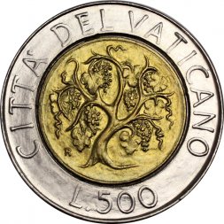 Ватикан 500 лир 1989 год Папа Иоанн Павел II