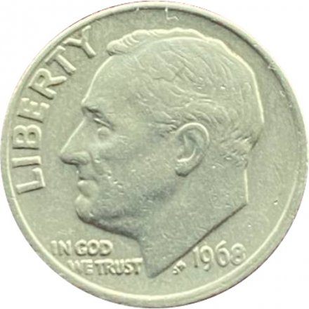 США 1 дайм (10 центов) 1968 год - Франклин Рузвельт (без отметки МД)