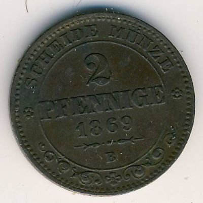 Саксония 2 пфеннига 1869 год