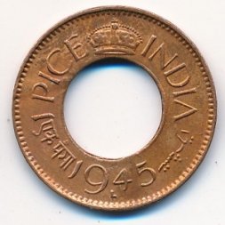 Британская Индия 1 пайса 1945 год (Лахор)