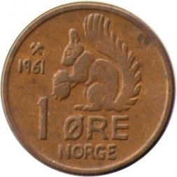 Норвегия 1 эре 1961 год - Король Улаф V. Белка