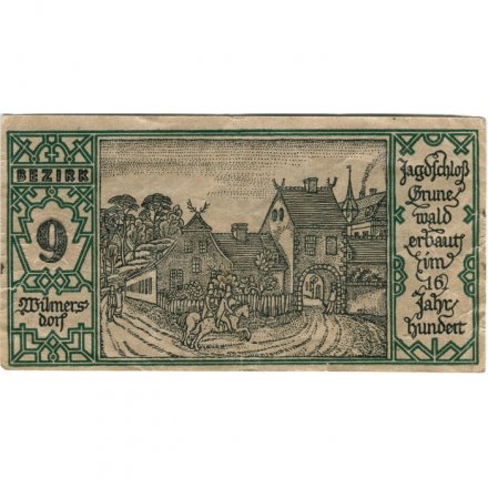 Германия (нотгельд) 50 пфеннигов 1921 год - Серия &quot;Районы Берлина&quot;. Охотничий замок Грюнвальд (вид 9) - VF+