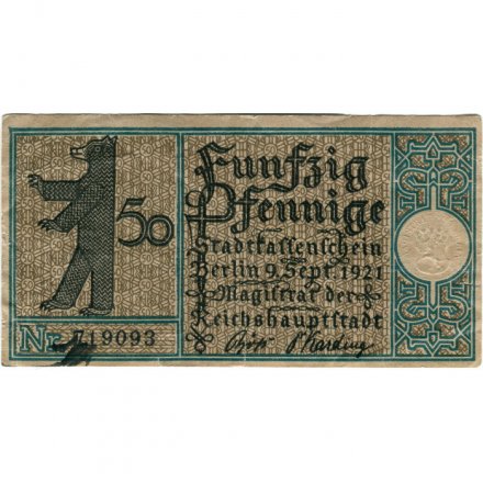 Германия (нотгельд) 50 пфеннигов 1921 год - Серия &quot;Районы Берлина&quot;. Охотничий замок Грюнвальд (вид 9) - VF+