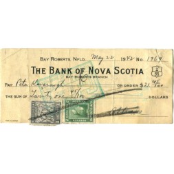 Банковский чек банка Новой Шотландии (The Bank of Nova Scotia) 1942 год - VF