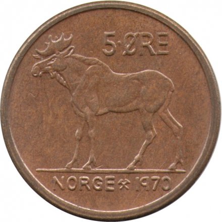 Норвегия 5 эре 1970 год - Король Улаф V. Лось