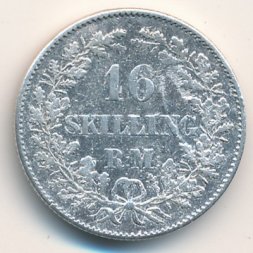 Дания 16 скиллингов ригсмонт 1858 год