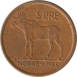 Норвегия 5 эре 1966 год. Улаф V. Лось.