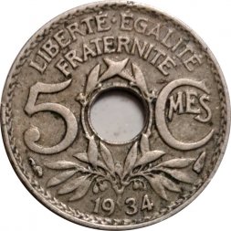 Франция 5 сантимов 1934 год (новый тип)