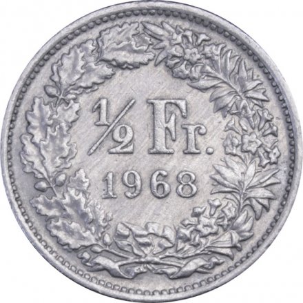 Швейцария 1/2 франка 1968 год (без отметки МД)