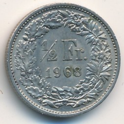 Монета Швейцария 1/2 франка 1968 год (без отметки МД)