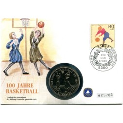 Ниуэ 5 долларов 1991 год - 100 лет баскетболу (в конверте с маркой)