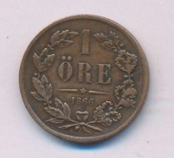 Швеция 1 эре 1866 год - Карл XV (маленький тираж)