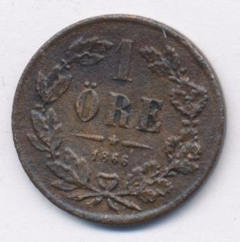 Швеция 1 эре 1866 год - Карл XV (маленький тираж)