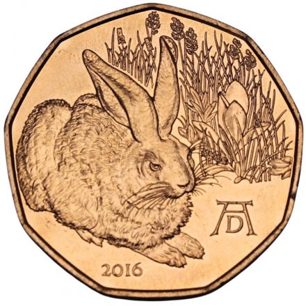 Австрия 5 евро 2016 год - Альбрехт Дюрер - Заяц