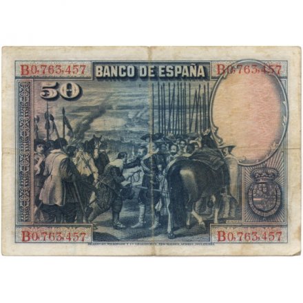 Испания 50 песет 1928 год - Диего Веласкес. Картина «Сдача Бреды» - VF