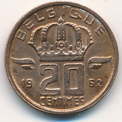 Бельгия 20 сантимов 1962 год