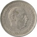 Испания 25 песет 1957 год - Франсиско Франко (75 внутри звезды)