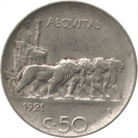 Италия 50 чентезимо 1921 год - Король Виктор Эммануил III (рубчатый гурт)