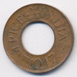 Монета Британская Индия 1 пайса 1947 год