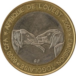 Монета Того 6000 франков КФА 2003 год - Слоны