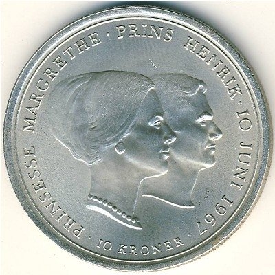 Дания 10 крон 1967 год - Свадьба принцессы Маргарет