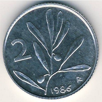 Италия 2 лиры 1986 год