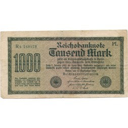 Веймарская Республика 1000 марок 1922 год - Зеленый номер - F-VF