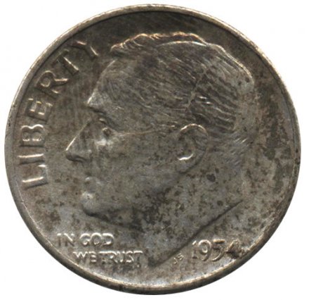 США 1 дайм (10 центов) 1954 год - Франклин Рузвельт (без отметки МД)