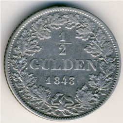 Монета Баден 1/2 гульдена 1843 год