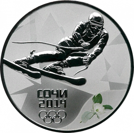 Россия 3 рубля 2014 год - Сочи 2014. Горные лыжи (цветная) в футляре