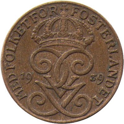 Швеция 1 эре 1939 год - Король Густав V