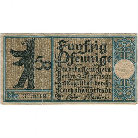 Германия (нотгельд) 50 пфеннигов 1921 год - Серия &quot;Районы Берлина&quot;. Берлинская ратуша (вид 1) - VF