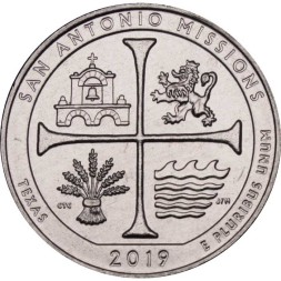 США 25 центов 2019 год - Исторический парк Миссии Сан-Антонио (Техас) №49 (D)