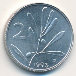 Италия 2 лиры 1993 год