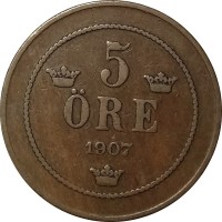 Монета Швеция 5 эре 1907 год - Король Оскар II