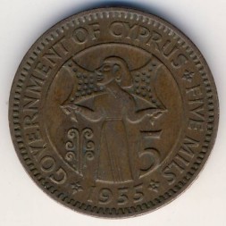 Монета Кипр 5 мил 1955 год