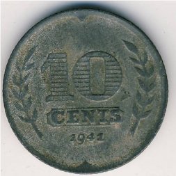 Нидерланды 10 центов 1941 год - Королева Вильгельмина (цинк)